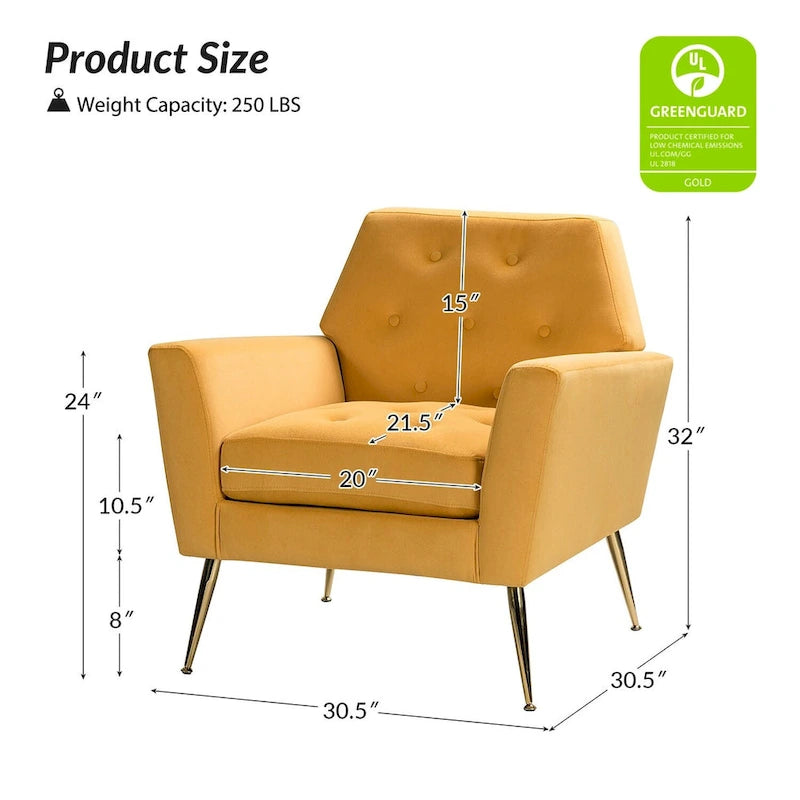 Fauteuil d'appoint capitonné en velours avec pieds en métal doré multicolore