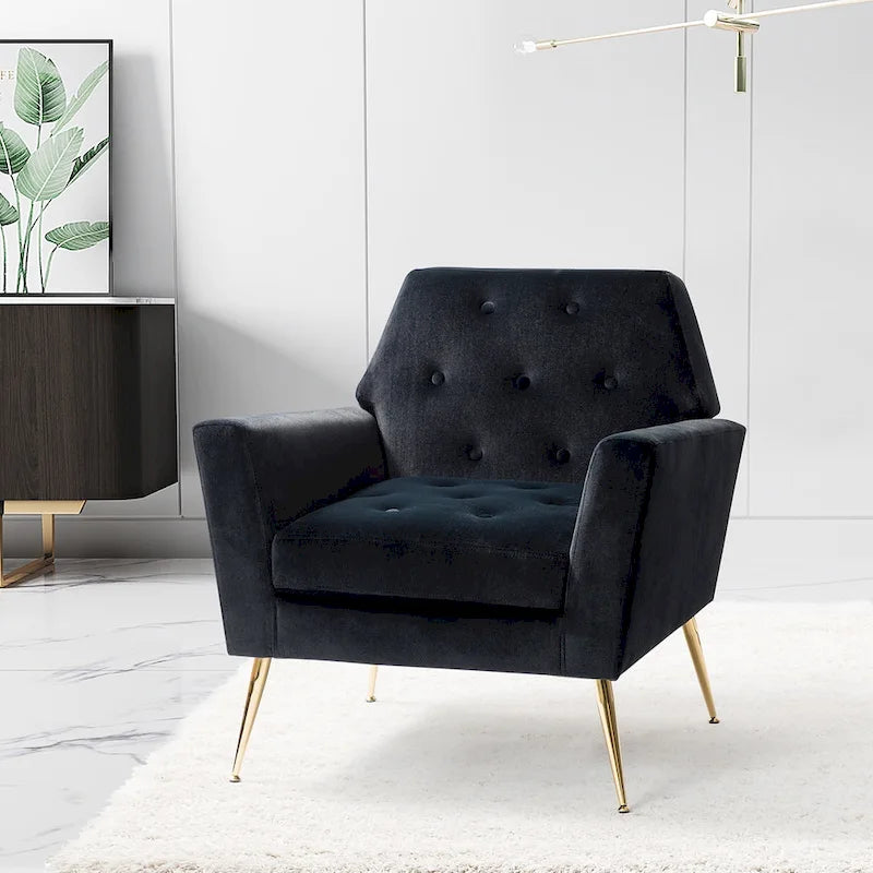 Fauteuil d'appoint capitonné en velours avec pieds en métal doré multicolore