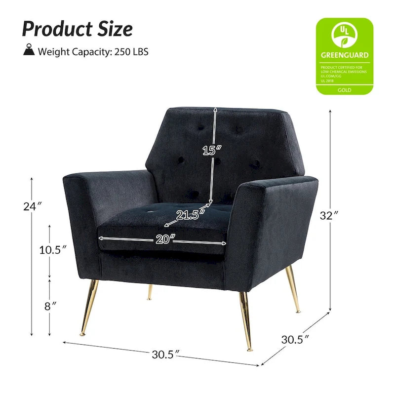 Fauteuil d'appoint capitonné en velours avec pieds en métal doré multicolore