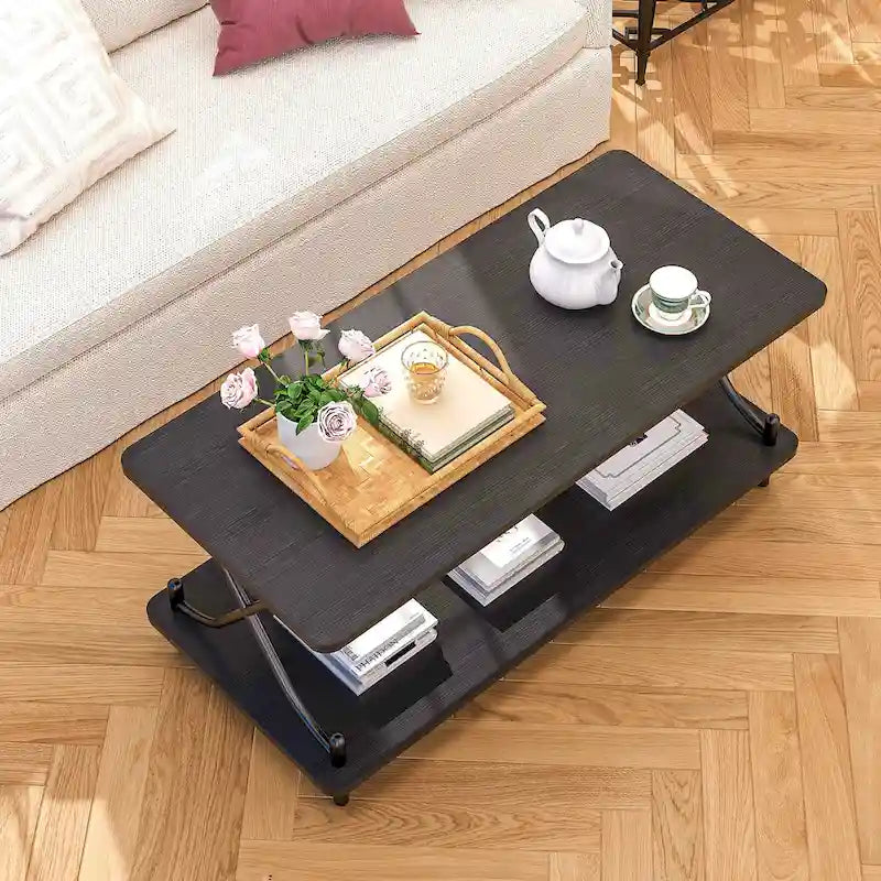 Table basse industrielle noire avec étagères ouvertes à 2 niveaux