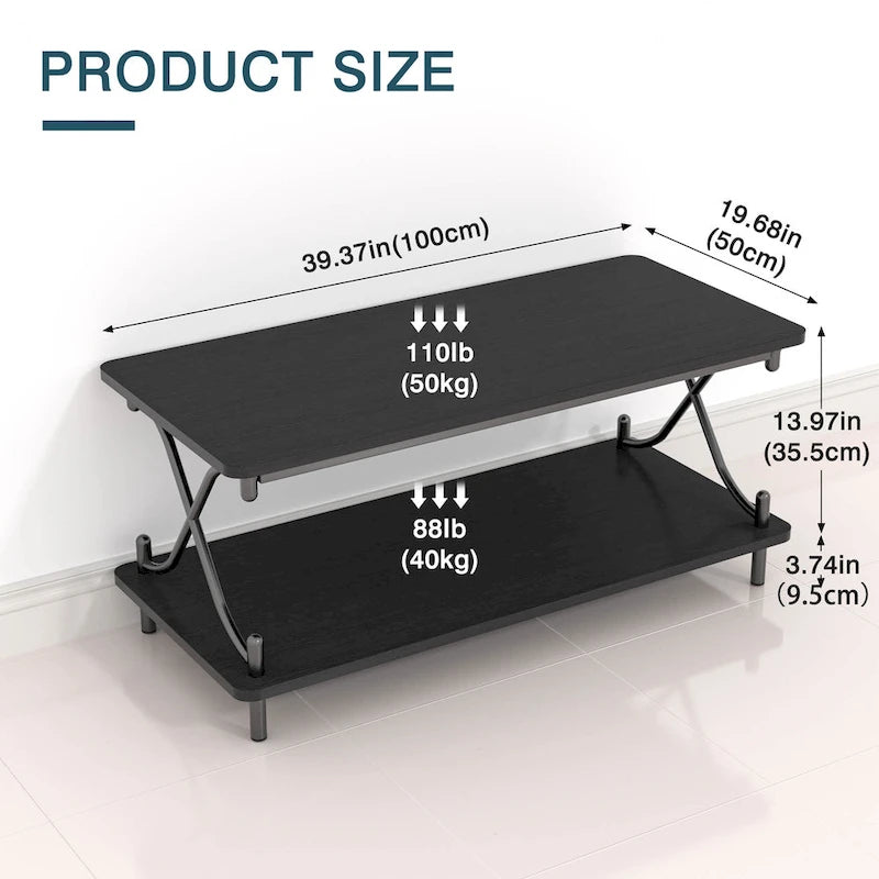 Table basse industrielle noire avec étagères ouvertes à 2 niveaux