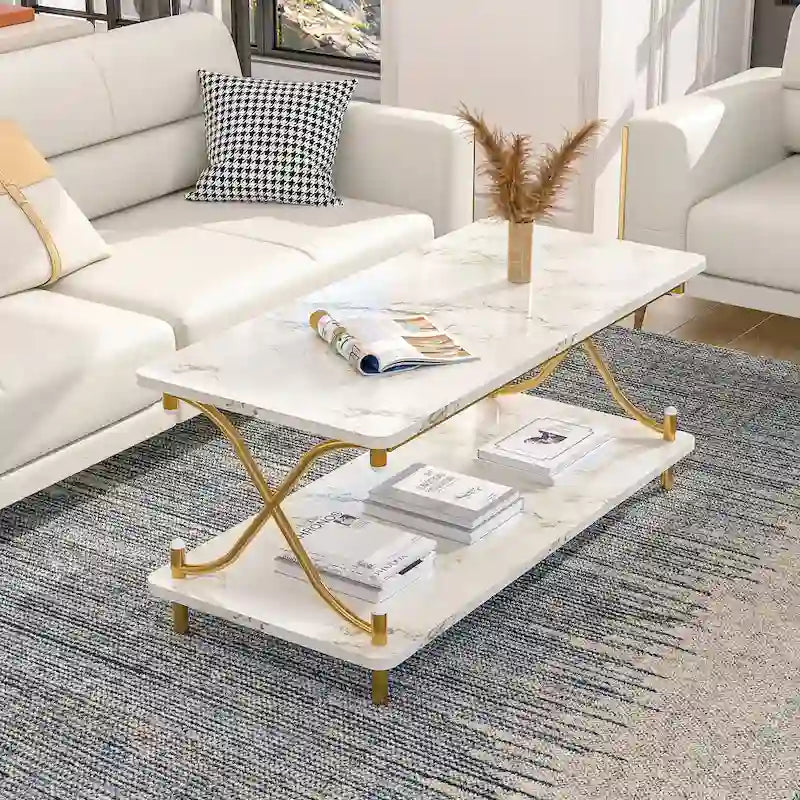 Table basse industrielle noire avec étagères ouvertes à 2 niveaux