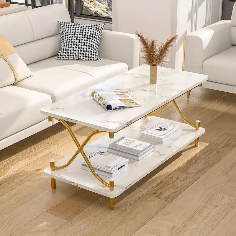 Table basse industrielle noire avec étagères ouvertes à 2 niveaux