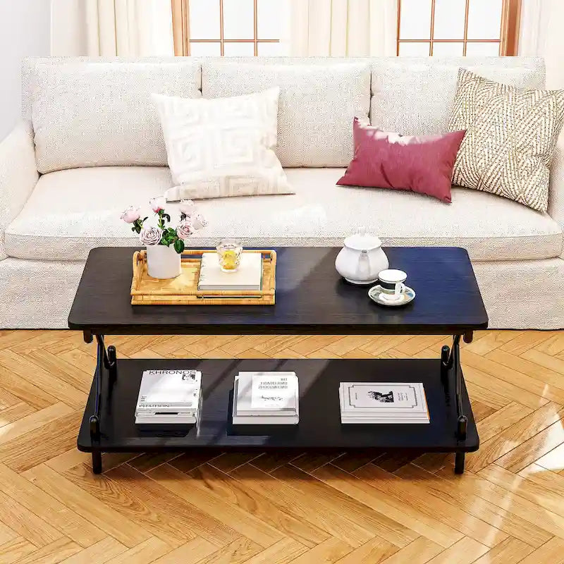 Table basse industrielle noire avec étagères ouvertes à 2 niveaux