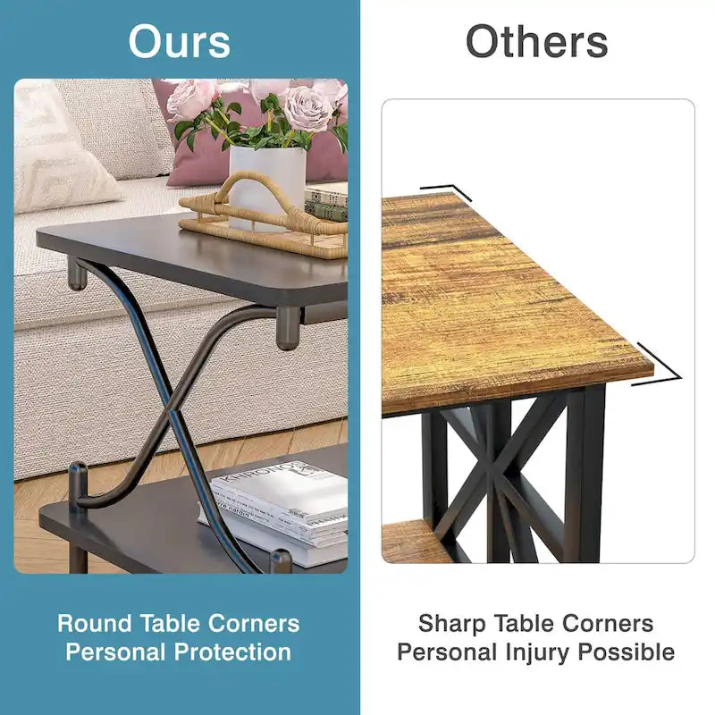 Table basse industrielle noire avec étagères ouvertes à 2 niveaux