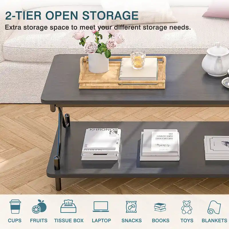 Table basse industrielle noire avec étagères ouvertes à 2 niveaux