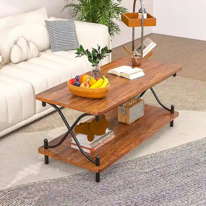 Table basse industrielle noire avec étagères ouvertes à 2 niveaux