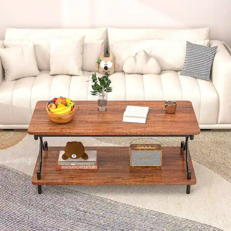 Table basse industrielle noire avec étagères ouvertes à 2 niveaux