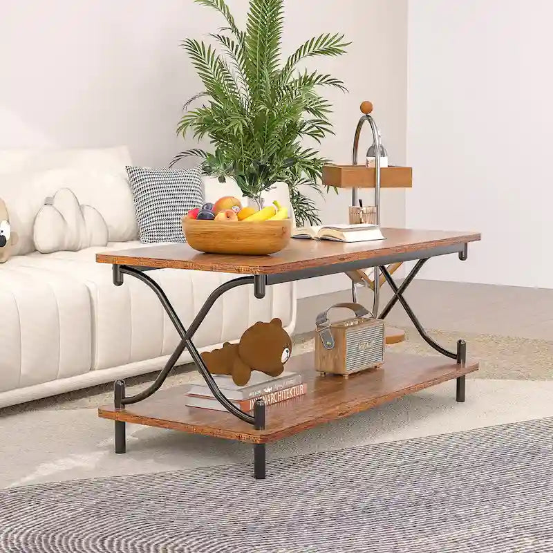 Table basse industrielle noire avec étagères ouvertes à 2 niveaux