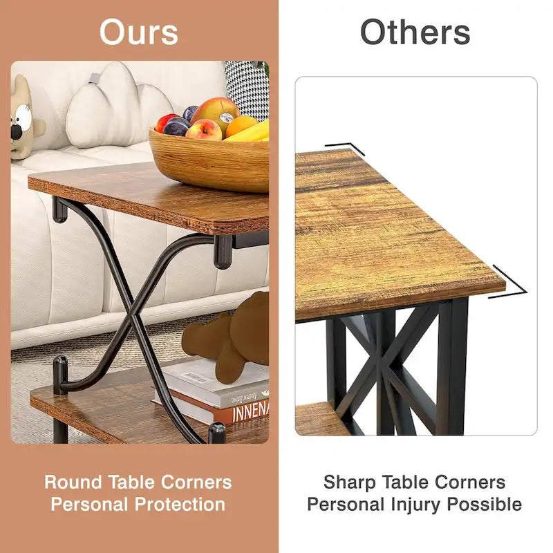 Table basse industrielle noire avec étagères ouvertes à 2 niveaux