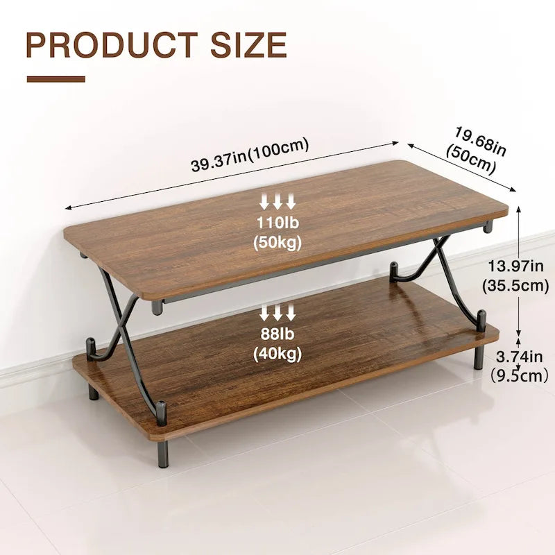 Table basse industrielle noire avec étagères ouvertes à 2 niveaux
