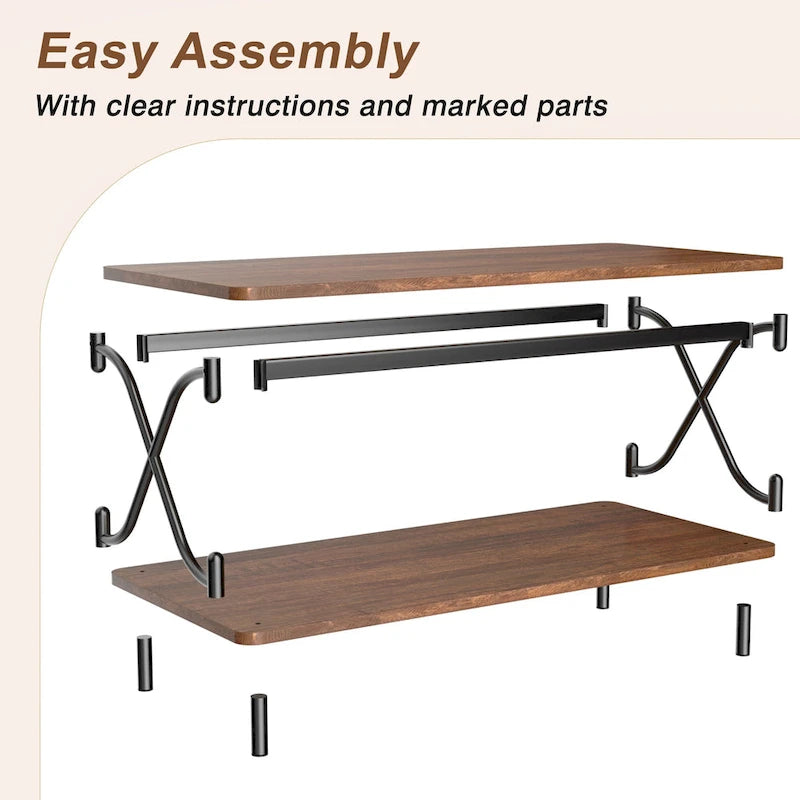 Table basse industrielle noire avec étagères ouvertes à 2 niveaux