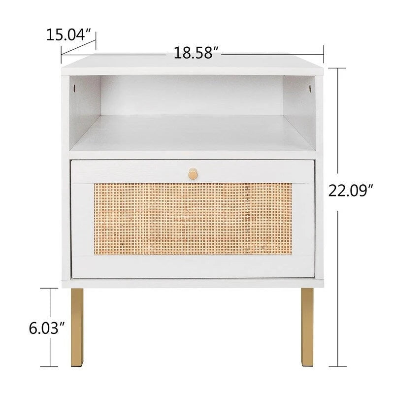 Table de chevet en rotin tissé à la main avec étagère ouverte et pieds en métal, Noir