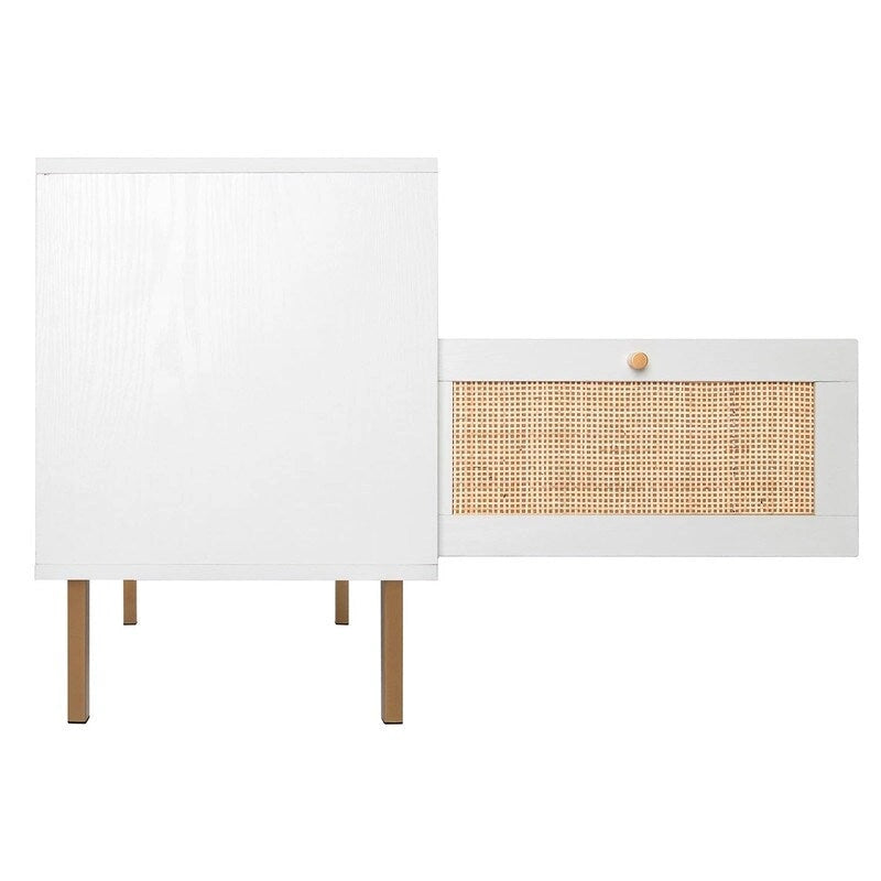 Table de chevet en rotin tissé à la main avec étagère ouverte et pieds en métal, Noir