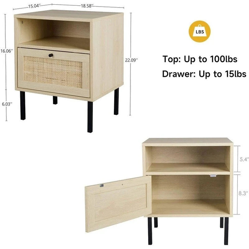 Table de chevet en rotin tissé à la main avec étagère ouverte et pieds en métal, Noir