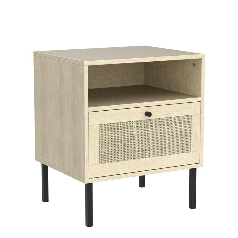 Table de chevet en rotin tissé à la main avec étagère ouverte et pieds en métal, Noir