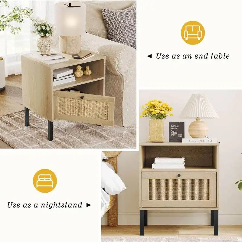 Table de chevet en rotin tissé à la main avec étagère ouverte et pieds en métal, Noir