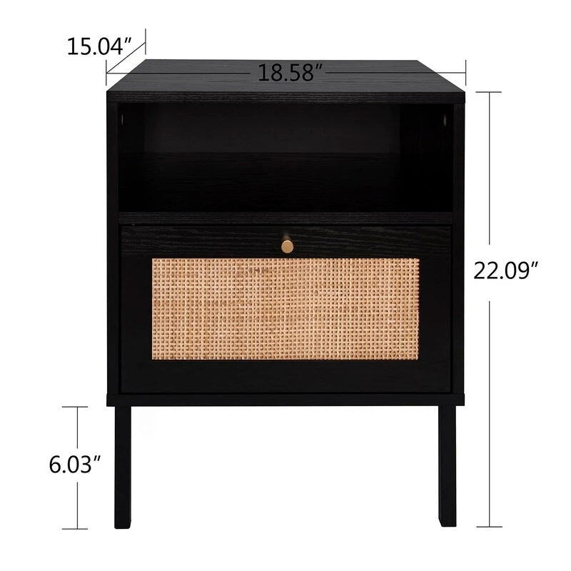 Table de chevet en rotin tissé à la main avec étagère ouverte et pieds en métal, Noir