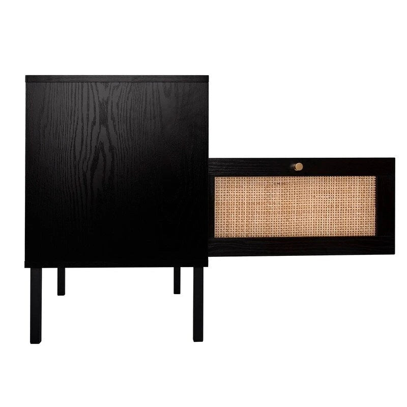 Table de chevet en rotin tissé à la main avec étagère ouverte et pieds en métal, Noir