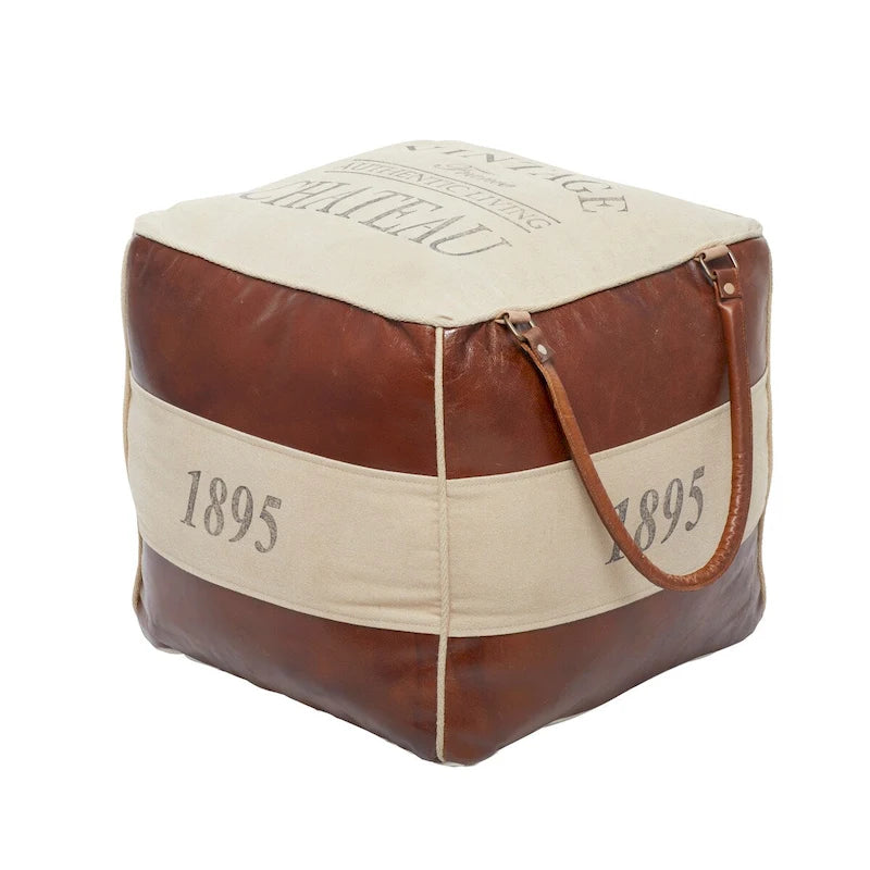 Pouf carré rustique en toile et cuir avec poignées, marron blanc crème