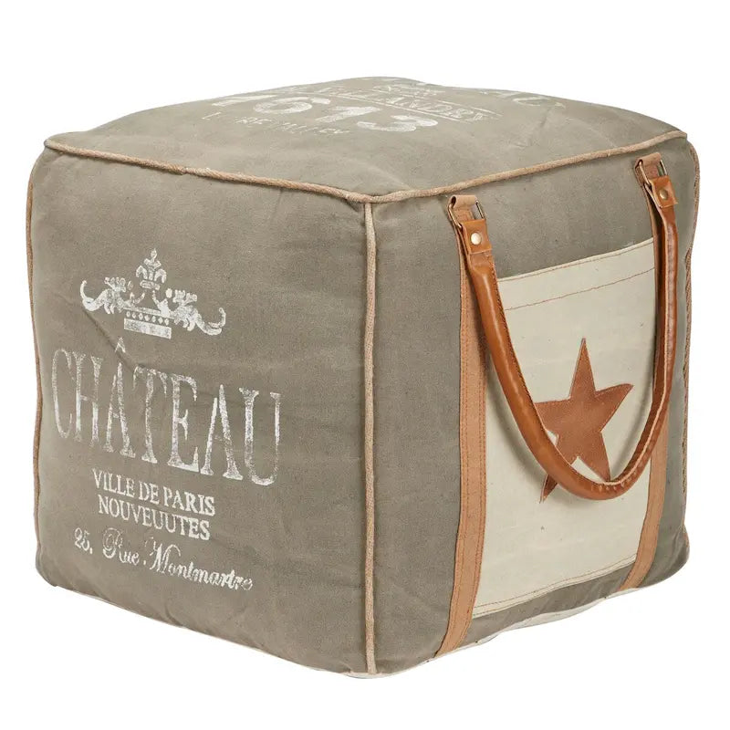 Pouf carré rustique en toile et cuir avec poignées, marron blanc crème
