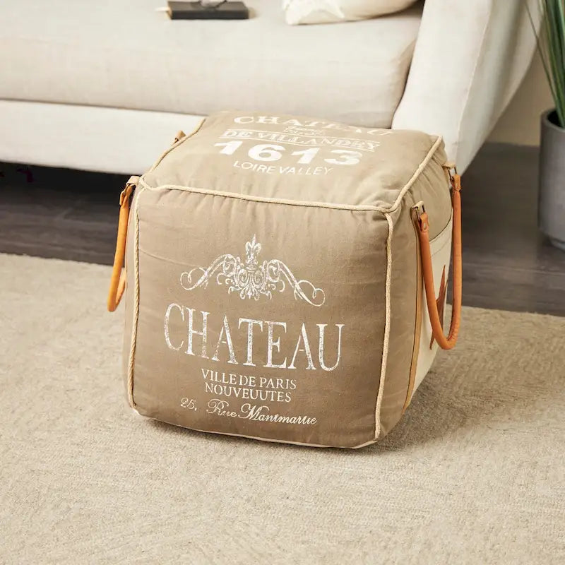 Pouf carré rustique en toile et cuir avec poignées, marron blanc crème