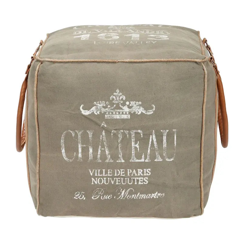 Pouf carré rustique en toile et cuir avec poignées, marron blanc crème