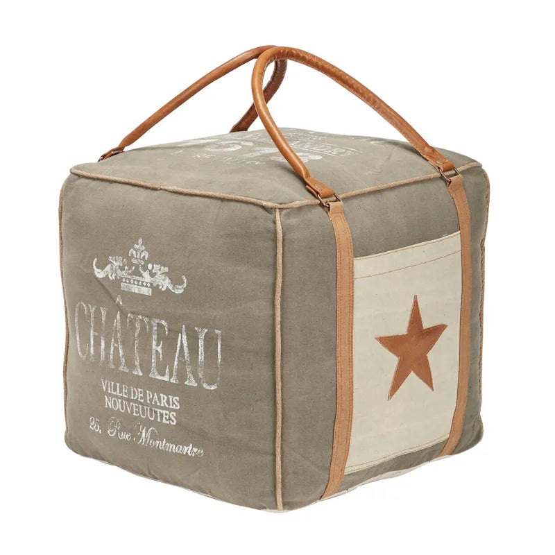 Pouf carré rustique en toile et cuir avec poignées, marron blanc crème