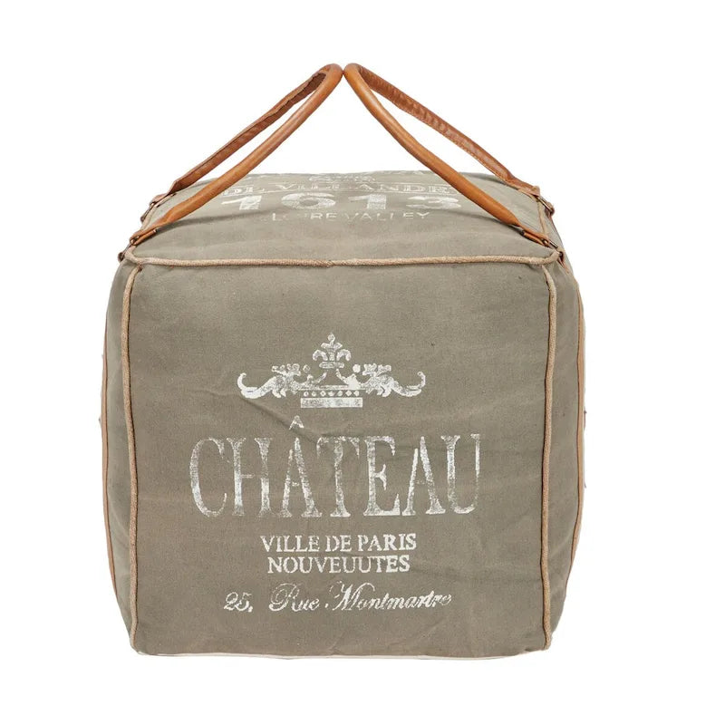 Pouf carré rustique en toile et cuir avec poignées, marron blanc crème