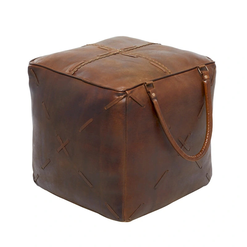 Pouf carré rustique en toile et cuir avec poignées, marron blanc crème