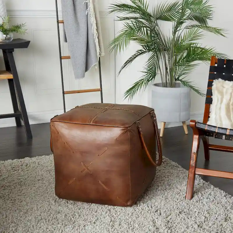 Pouf carré rustique en toile et cuir avec poignées, marron blanc crème
