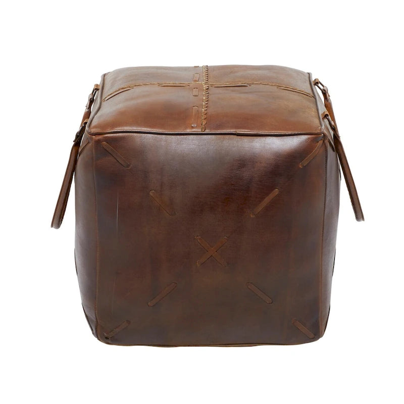 Pouf carré rustique en toile et cuir avec poignées, marron blanc crème