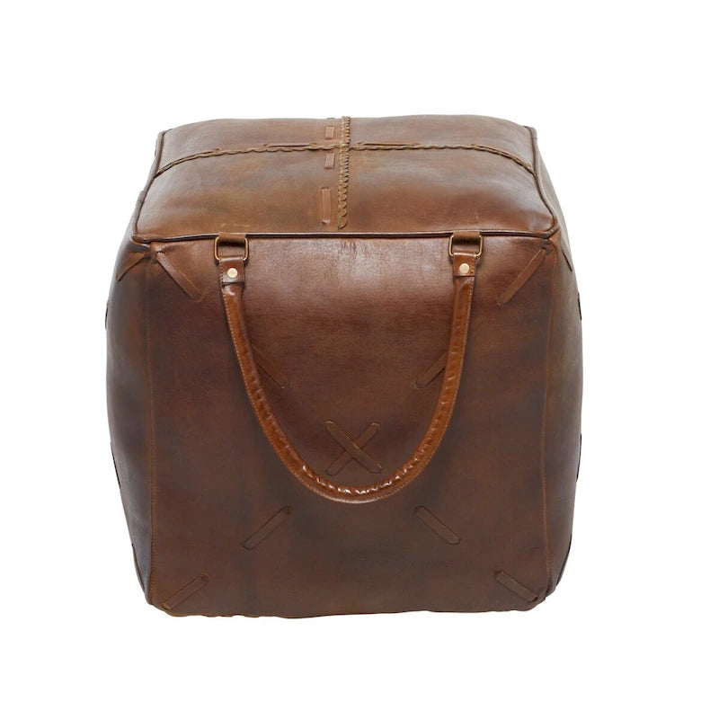 Pouf carré rustique en toile et cuir avec poignées, marron blanc crème