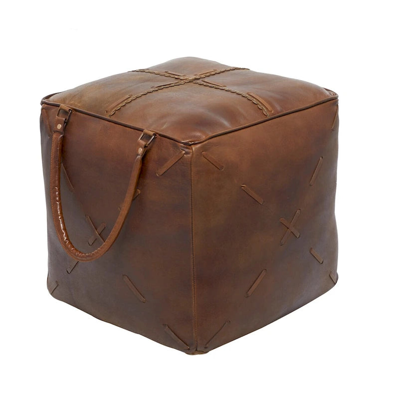 Pouf carré rustique en toile et cuir avec poignées, marron blanc crème