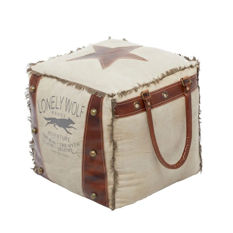Pouf carré rustique en toile et cuir avec poignées, marron blanc crème