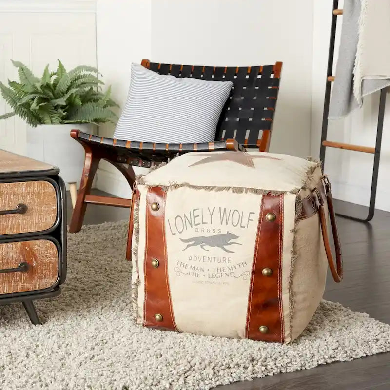 Pouf carré rustique en toile et cuir avec poignées, marron blanc crème