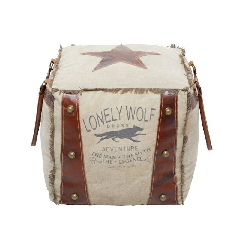 Pouf carré rustique en toile et cuir avec poignées, marron blanc crème