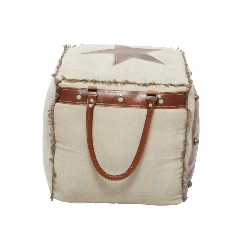 Pouf carré rustique en toile et cuir avec poignées, marron blanc crème