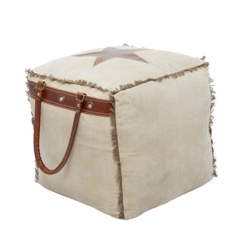 Pouf carré rustique en toile et cuir avec poignées, marron blanc crème