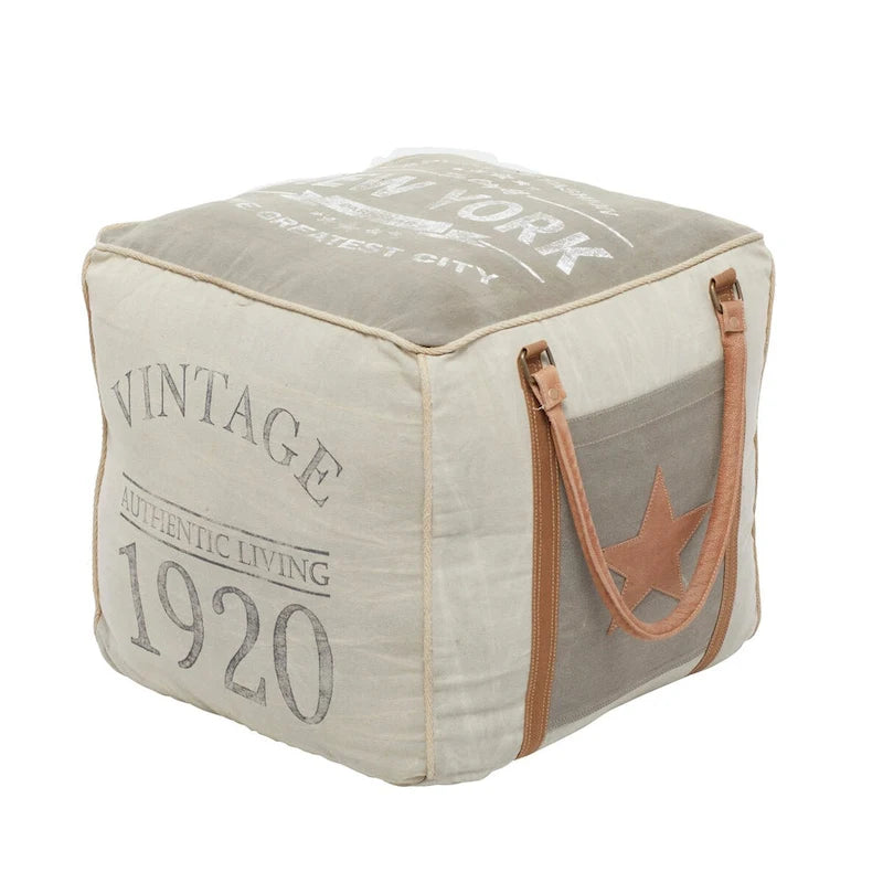 Pouf carré rustique en toile et cuir avec poignées, marron blanc crème