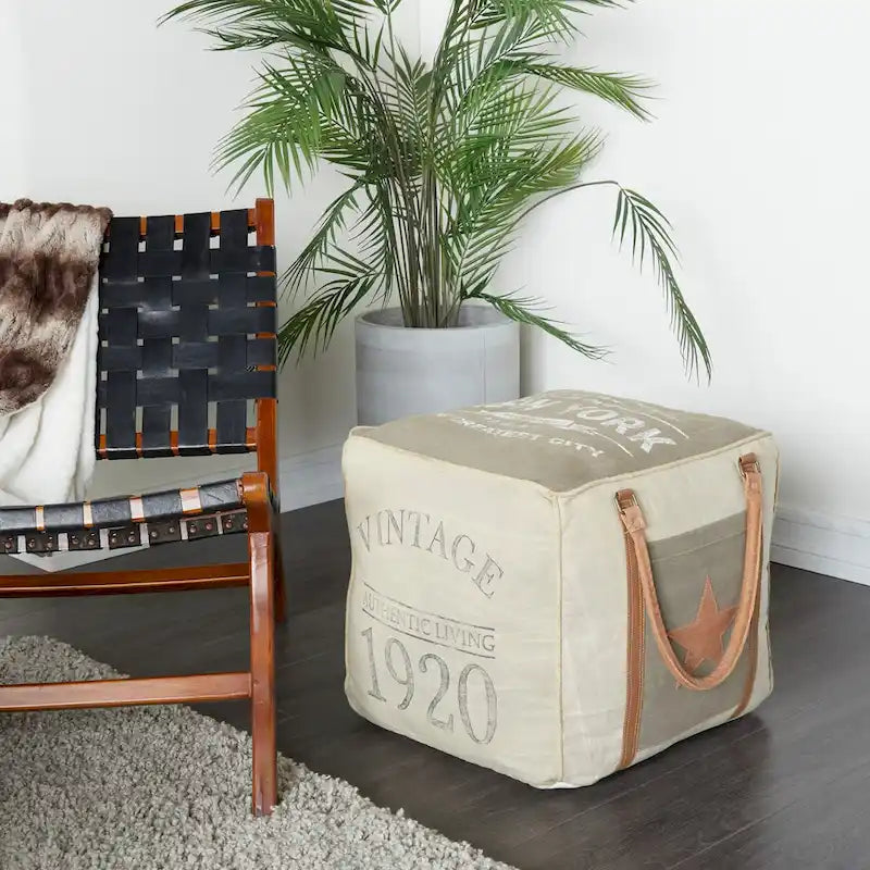 Pouf carré rustique en toile et cuir avec poignées, marron blanc crème