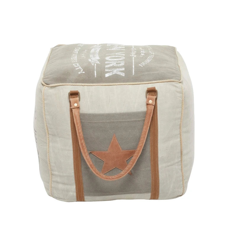 Pouf carré rustique en toile et cuir avec poignées, marron blanc crème