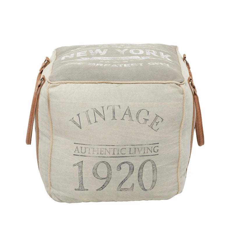 Pouf carré rustique en toile et cuir avec poignées, marron blanc crème