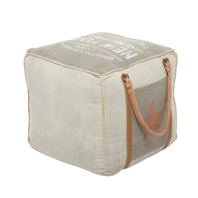 Pouf carré rustique en toile et cuir avec poignées, marron blanc crème
