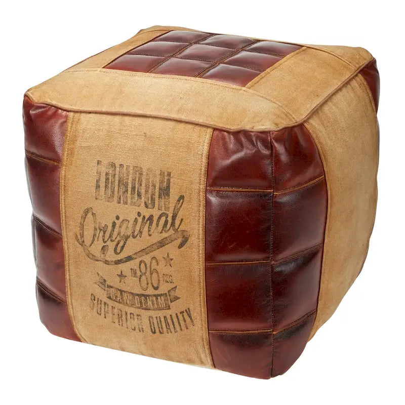 Pouf carré rustique en toile et cuir avec poignées, marron blanc crème