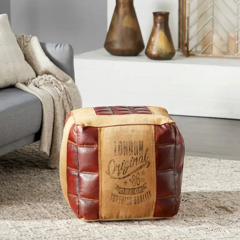 Pouf carré rustique en toile et cuir avec poignées, marron blanc crème