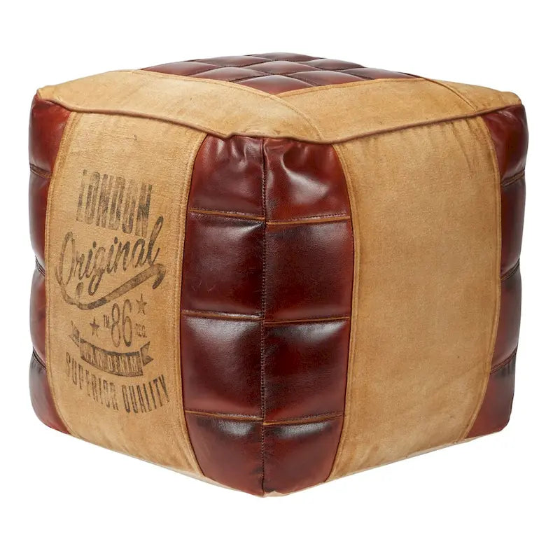 Pouf carré rustique en toile et cuir avec poignées, marron blanc crème