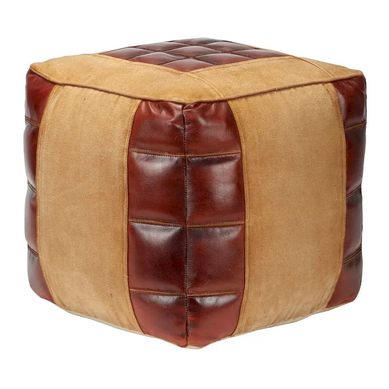Pouf carré rustique en toile et cuir avec poignées, marron blanc crème