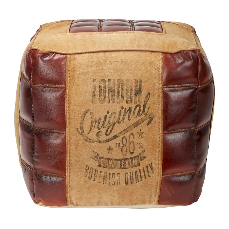 Pouf carré rustique en toile et cuir avec poignées, marron blanc crème