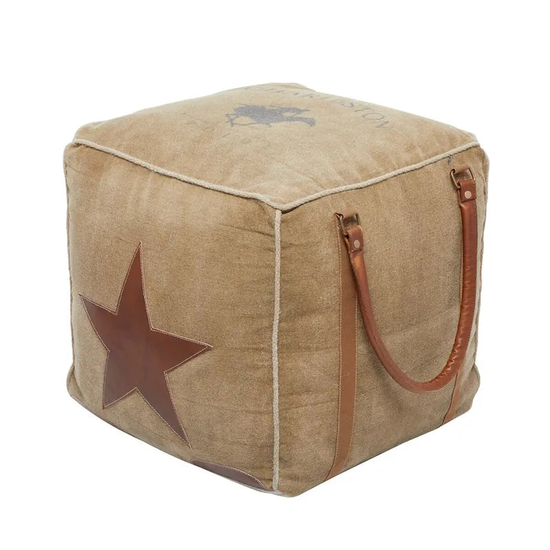 Pouf carré rustique en toile et cuir avec poignées, marron blanc crème